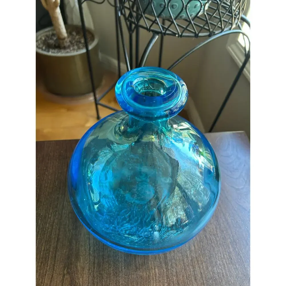 LARGE Blue Demijohn Studio Blown Glass bottle Crackled Bottom Polished Pontil